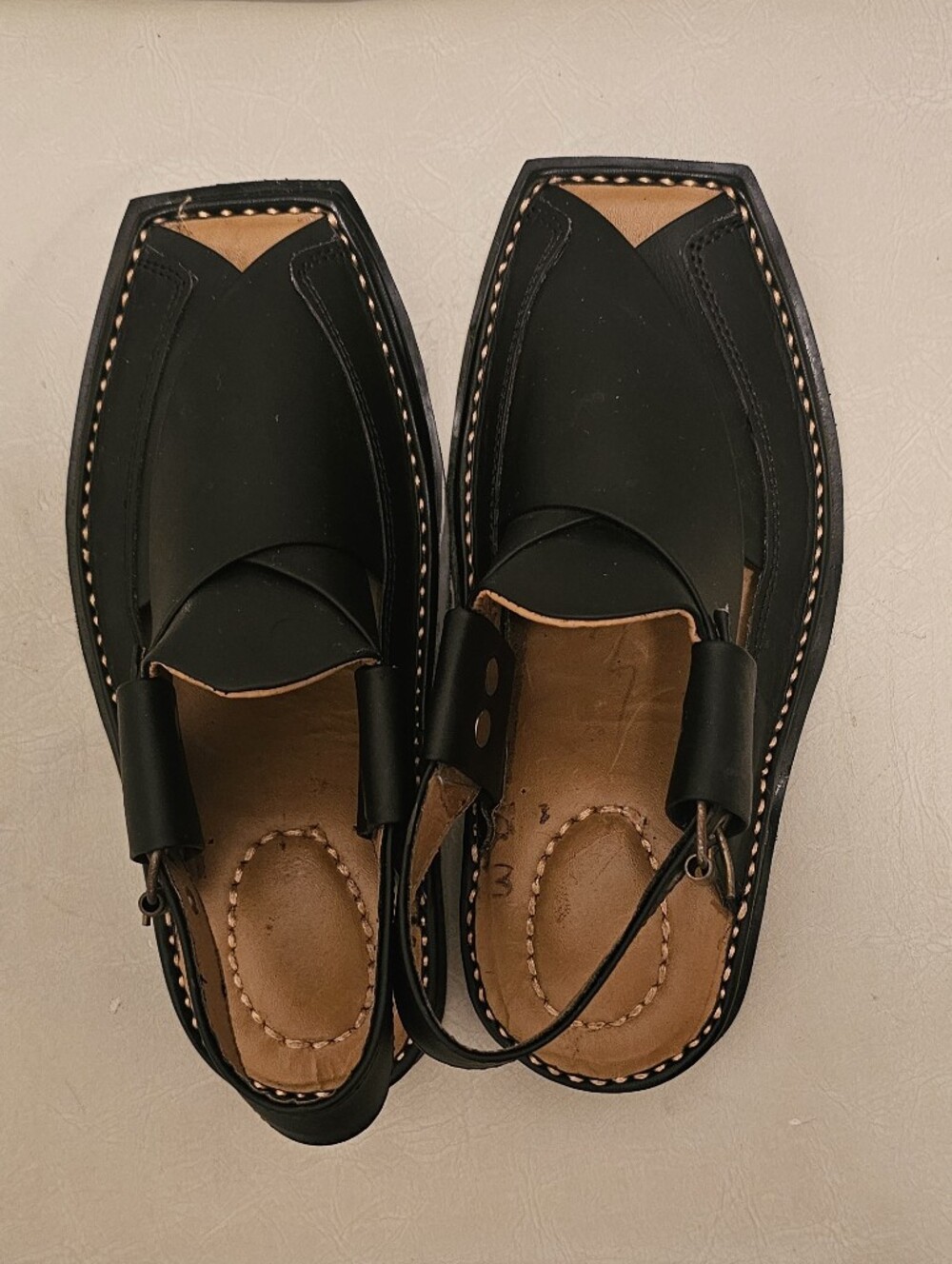 Handmade Leather Peshawari Chappal Sandals Black Traditional Square Toe Sz 6